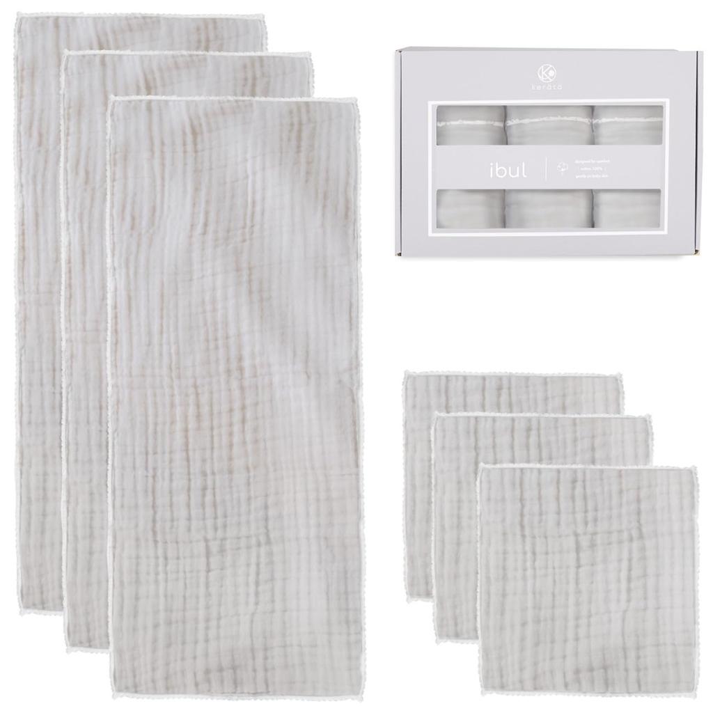 Keratta Ibul Baby Bath Gauze Handkerchief Towels, Set of 6, Muted Colors (Gray Gift Set with Lace)