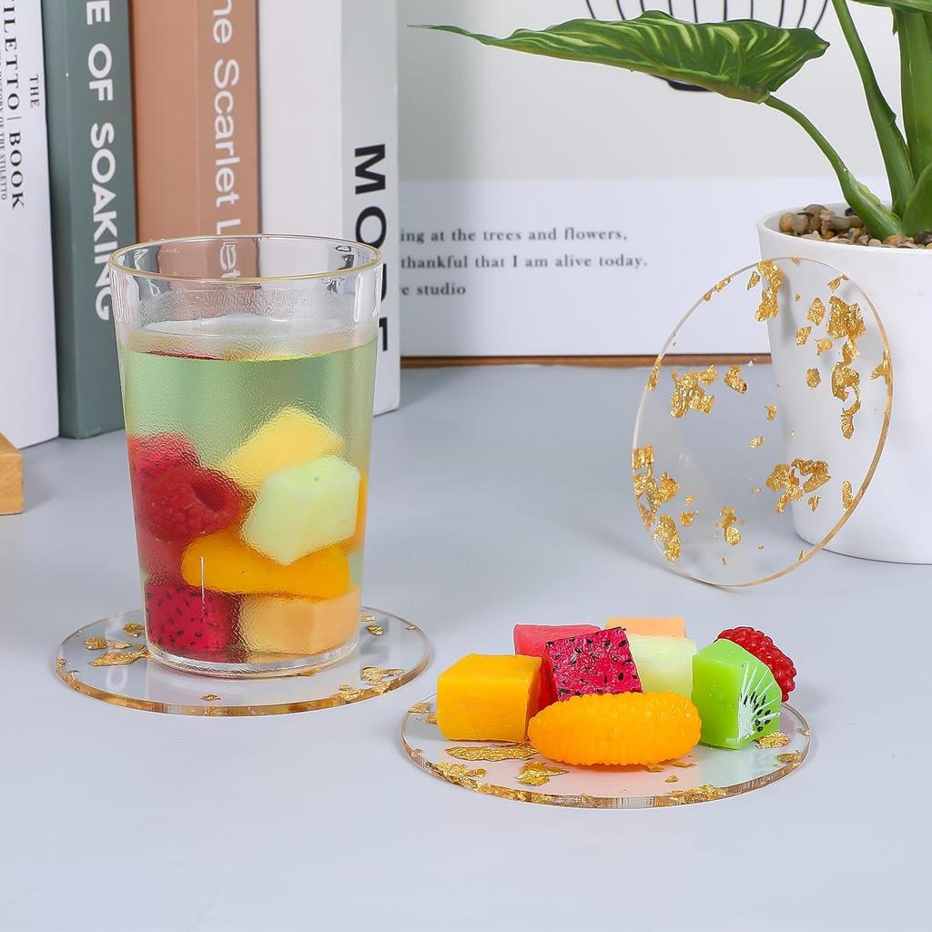 3 Pcs Gold Foil Acrylic Cup Coasters, Foil Modern Cup Drink Mat Clear Acrylic Bar Coaster Round Foils Drink Coaster Gold Placemats for Table