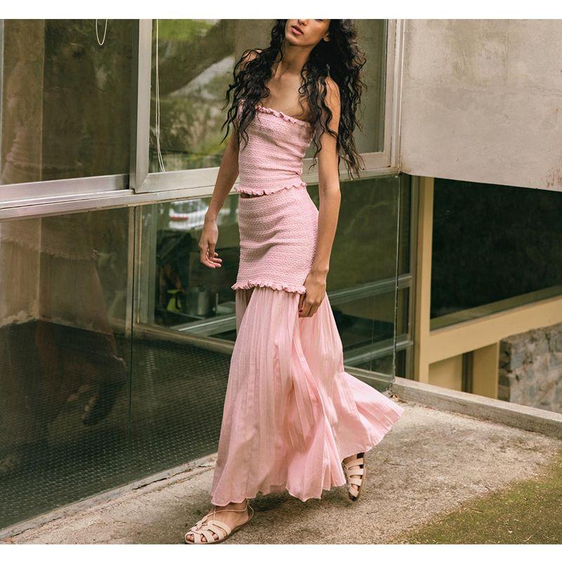 Strapless Straight Collar Knitting Tube Top Tops 4192043 Small Pleated Hem High Waist Knitted Skirt 4192042