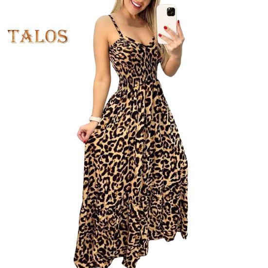 Women Strappy Dress Leopard Print Low-cut V Neck Sleeveless Tight High Waist Color Matching Backless Big Hem Vacation Beach Maxi Dress