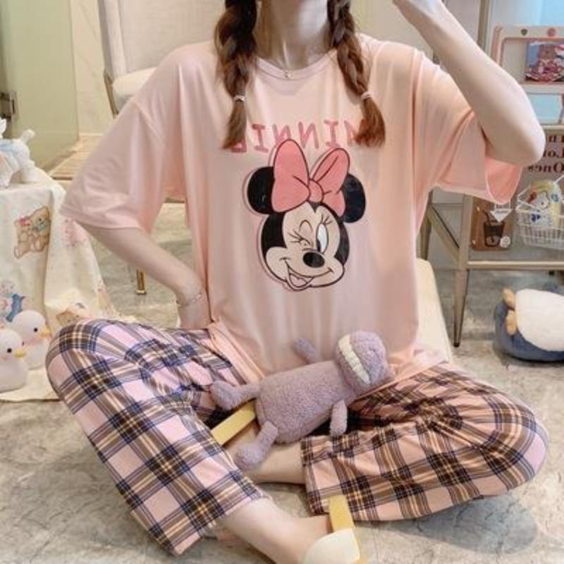 Pajamas women's short-sleeved trousers summer cartoon cute 2 new cartoon spring and summer loungewear suit can be worn outside
