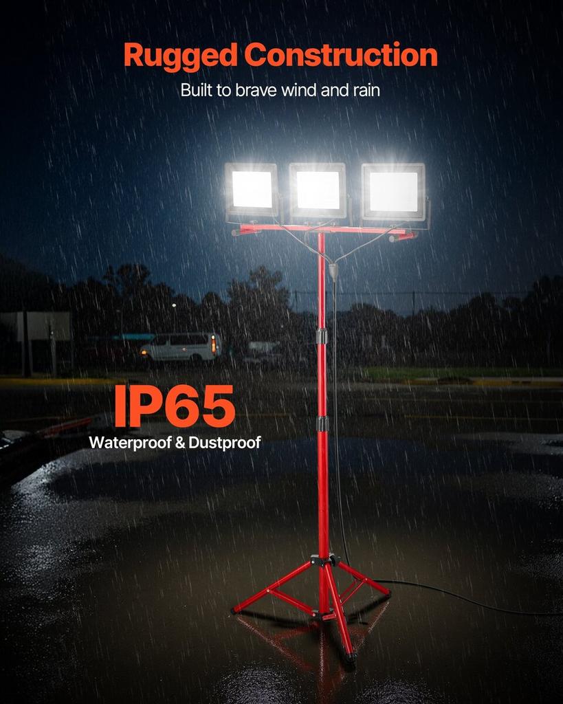 LED Work Light with Stand, 15000 Lumens, Three-Head Portable Camping Light with Individual Switch, Tripod Stand, 3.3 m Power Cord, for Indoor Outdoor