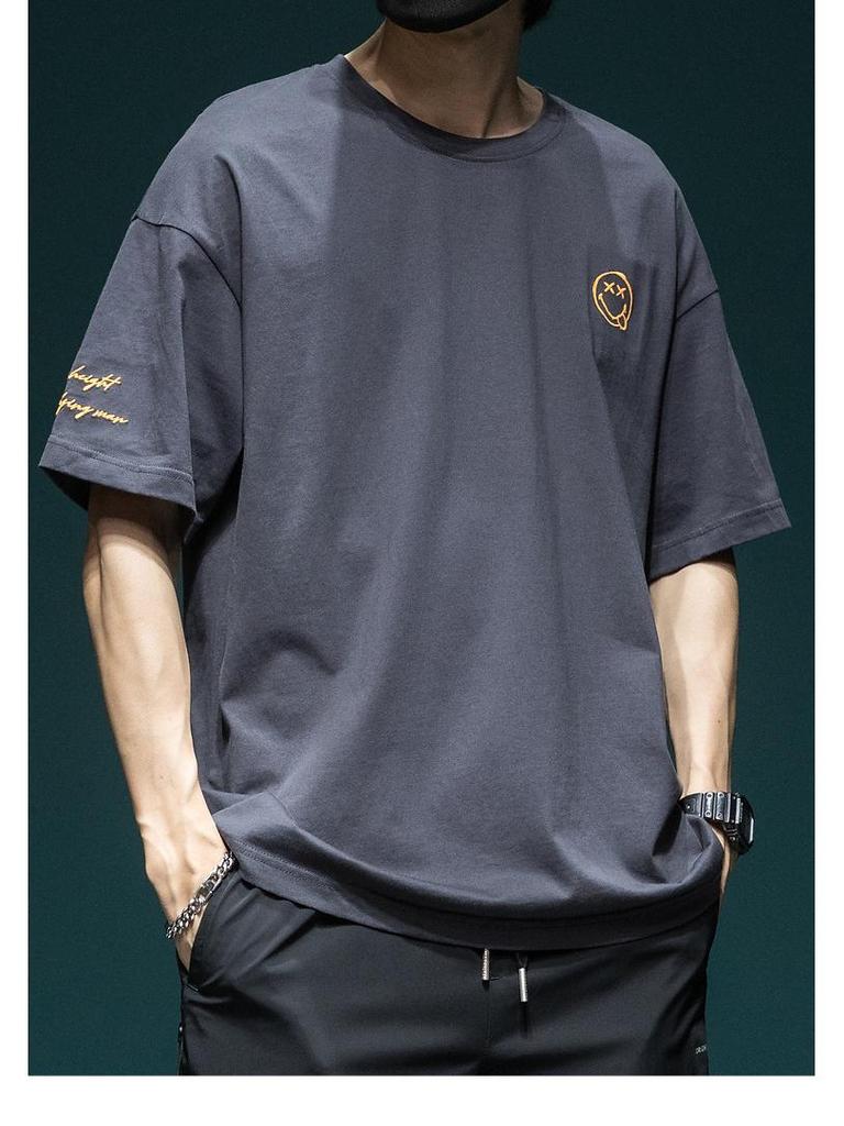 Men's 2024 Summer Plus Size Smiley Face Embroidery Short Sleeve Casual Cotton T-Shirt