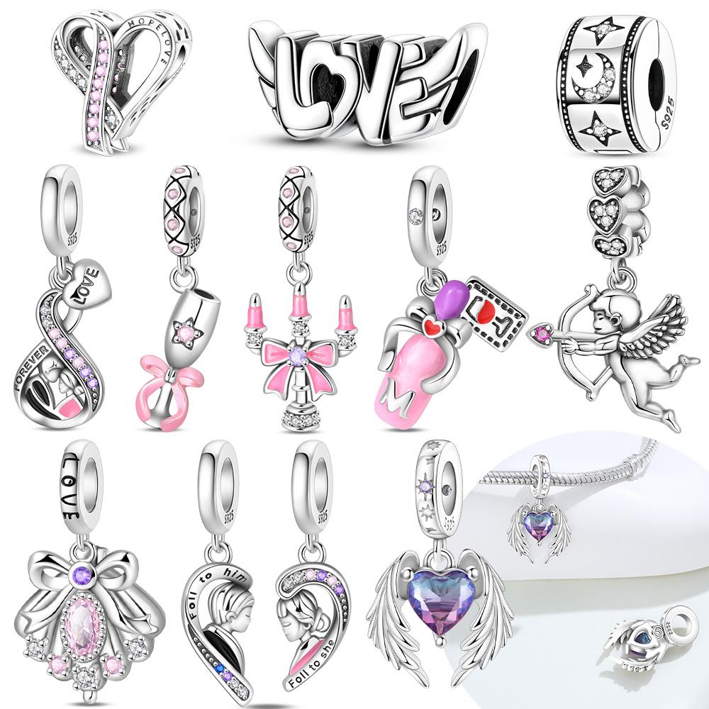 Purple Heart Wings Pink Bow Pendant Tie Love Cupid Originalcopper Beads Fit Bracelet Women Jewelry Diy Accessory Fine Gift