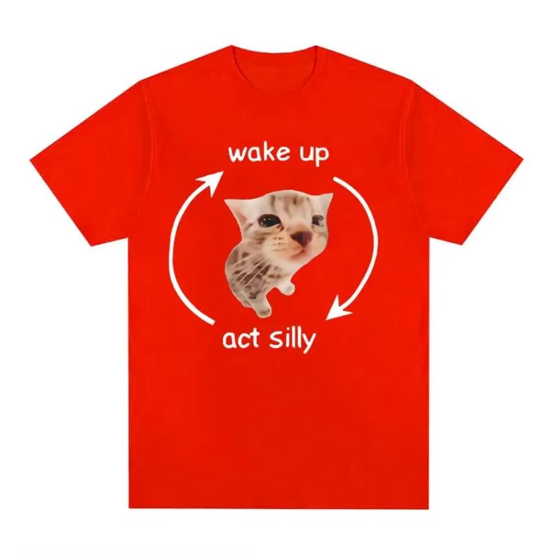 Wake Up Act Silly Meme Graphic T Shirt Funny Cute Cat Print Short Sleeve Tshirt Women Casual Oversized T Shirts S