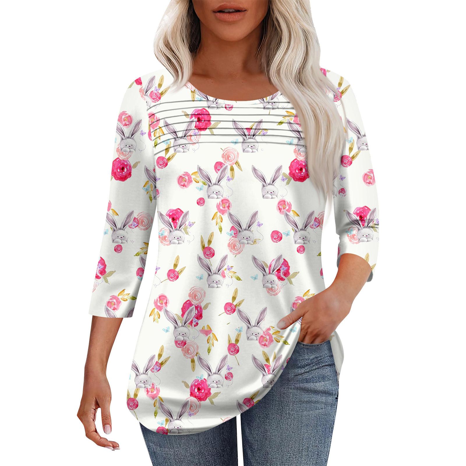 

Женская мода круглый вырез шея плиссированная передняя планка с принтом рукав 3/4 топ XXL белый