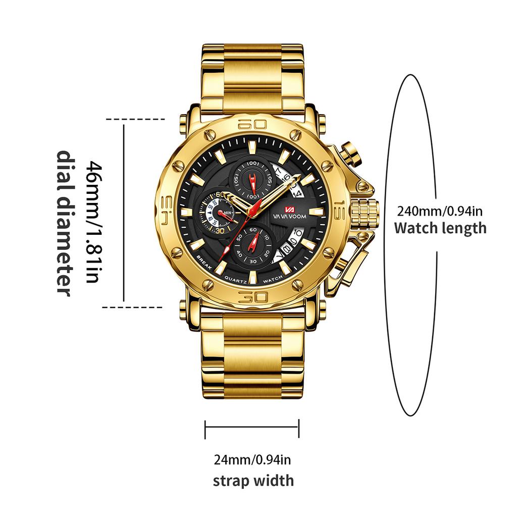Men Multifunctional Sports Timing 46mm Clock Silver Stainless Steel Strap Fashion Luminous Dial Waterproof Quartz Watch for Men