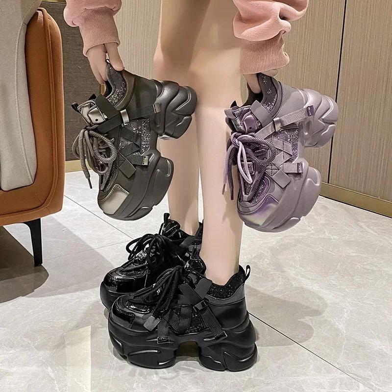 Neue Damen Winter Warme Klobige Sneaker Schuhe mit Dickem Boden High Platform Vulkanisierte Schuhe Herbst Bling Lässig Sportliche Dad-Schuhe 8CM