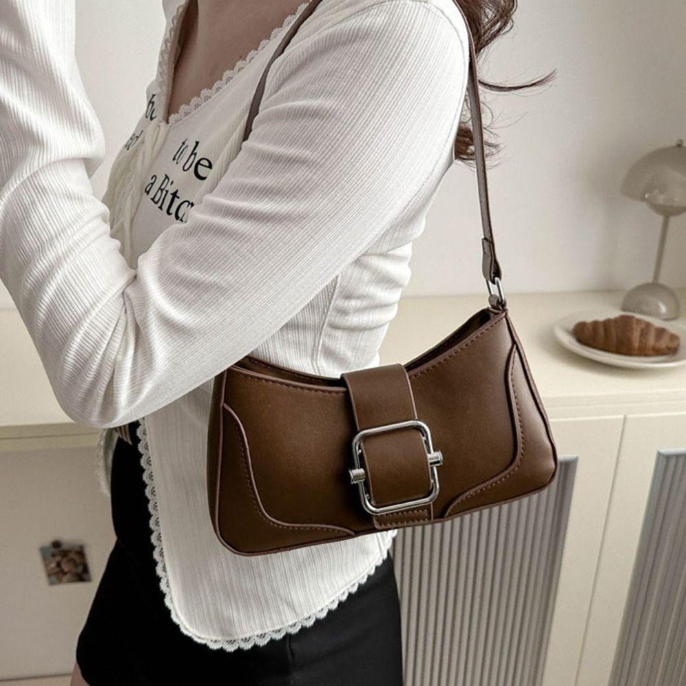Fashion Vintage Buckle Shoulder Bag Solid Color Y2k Women's Armpit Bag Cuasal Leisure PU Leather Handbag Female