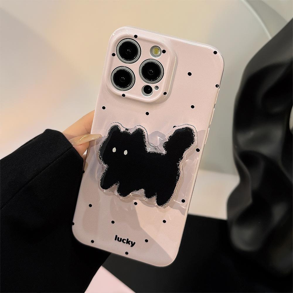 Cute polka dot cat stand phone case suitable for iPhone 17, 14 Pro Max, iPhone 15, soft case for iPhone 16