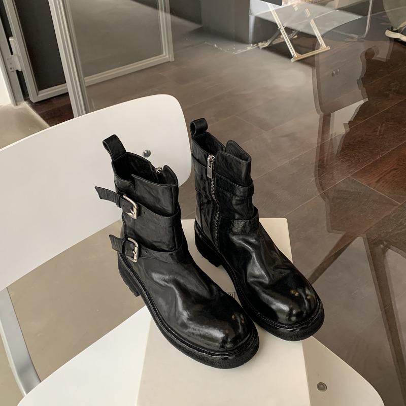 ~ One-word Buckle with Thick-bottomed Washed Shrinkage Horse Leather, Thin Short Boots for Women