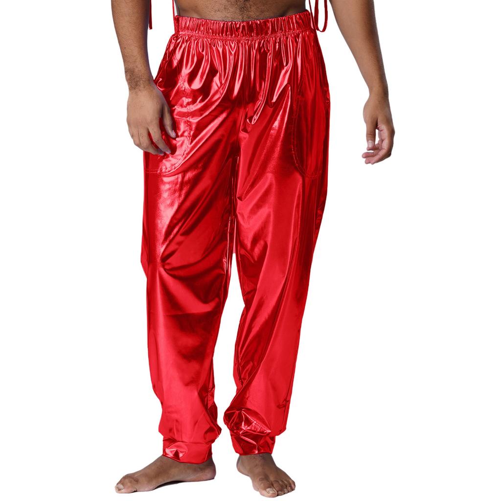 Mens Shiny Sport Pants Metallic High Waist Elastic Waist Loose Fit Modern Dance Pants Performance Wear