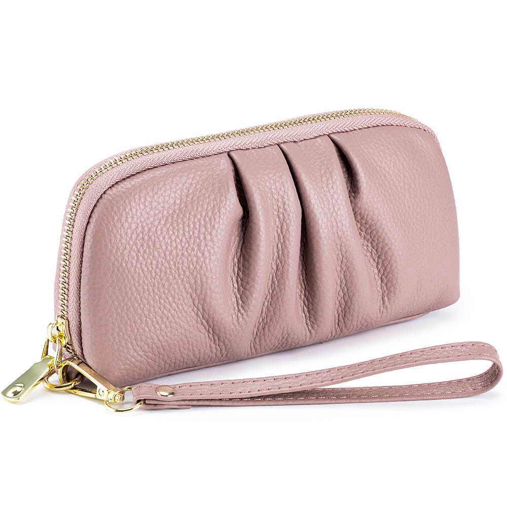 Top Grain Cowhide Versatile Pleated Leather Wristlet Wallet Clutch - Large Capacity Phone Handbag