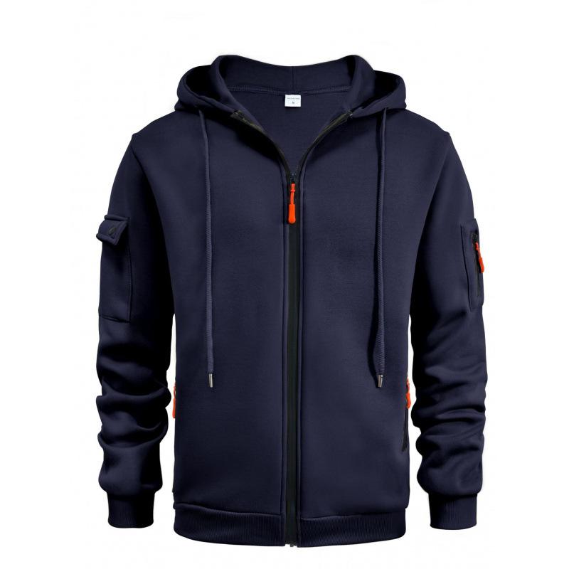 Autumn and Winter Men's Casual Plus Size Sports Hoodies Arm Pocket Contrasting Color Zipper Hoodies
