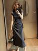 French gray short-sleeved dress women's new summer beautiful design sense drawstring waist slim skirt