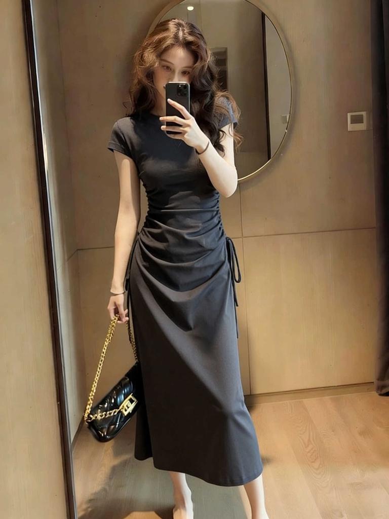 French gray short-sleeved dress women's new summer beautiful design sense drawstring waist slim skirt