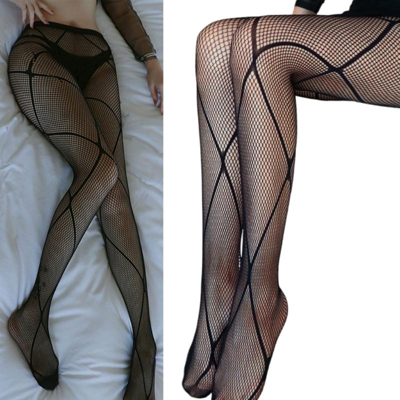 Women Sheer Mesh Black Pantyhose with Crisscross Patterned Design Hollowout Fishnet Tights Stockings Lingerie Hosiery