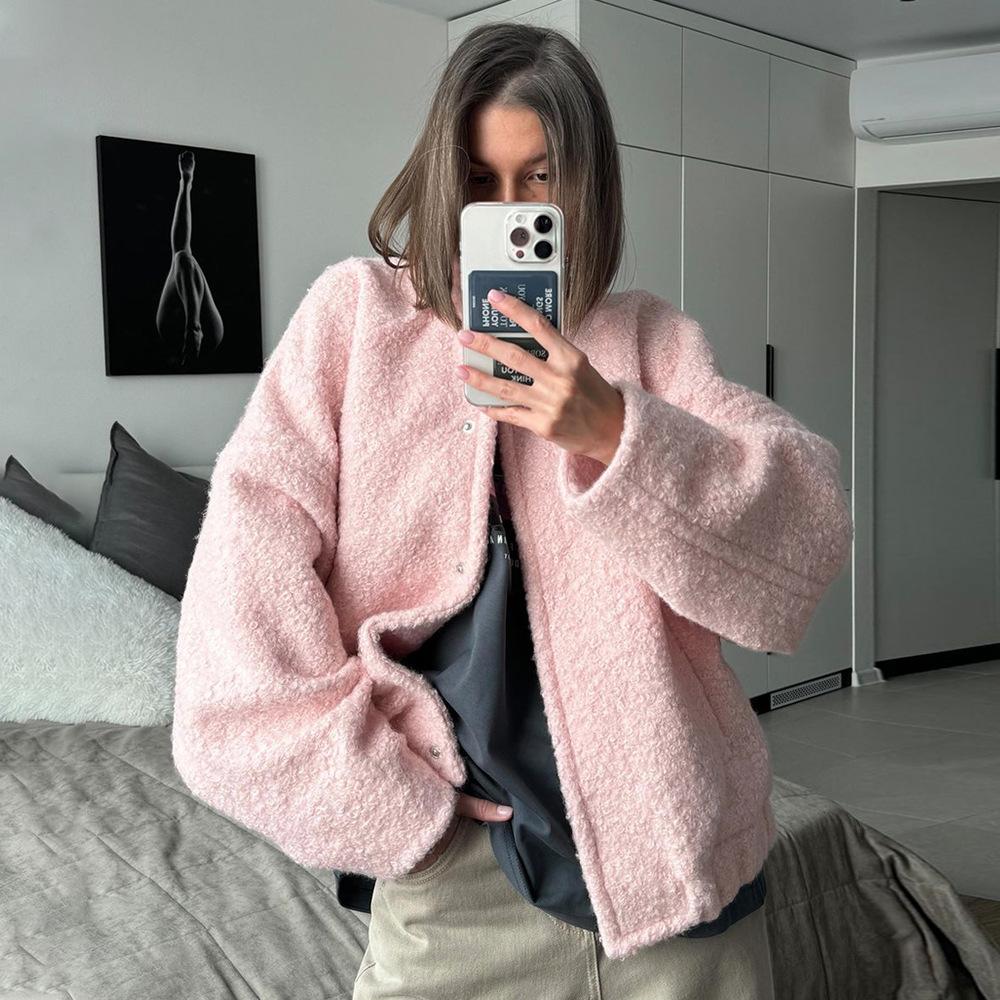 Women's Fall Winter Fleece Jacket Long Sleeve Casual Button Down Fuzzy Sherpa Cropped Coats Outerwear with Pockets Loose Bomber Jacket for Women