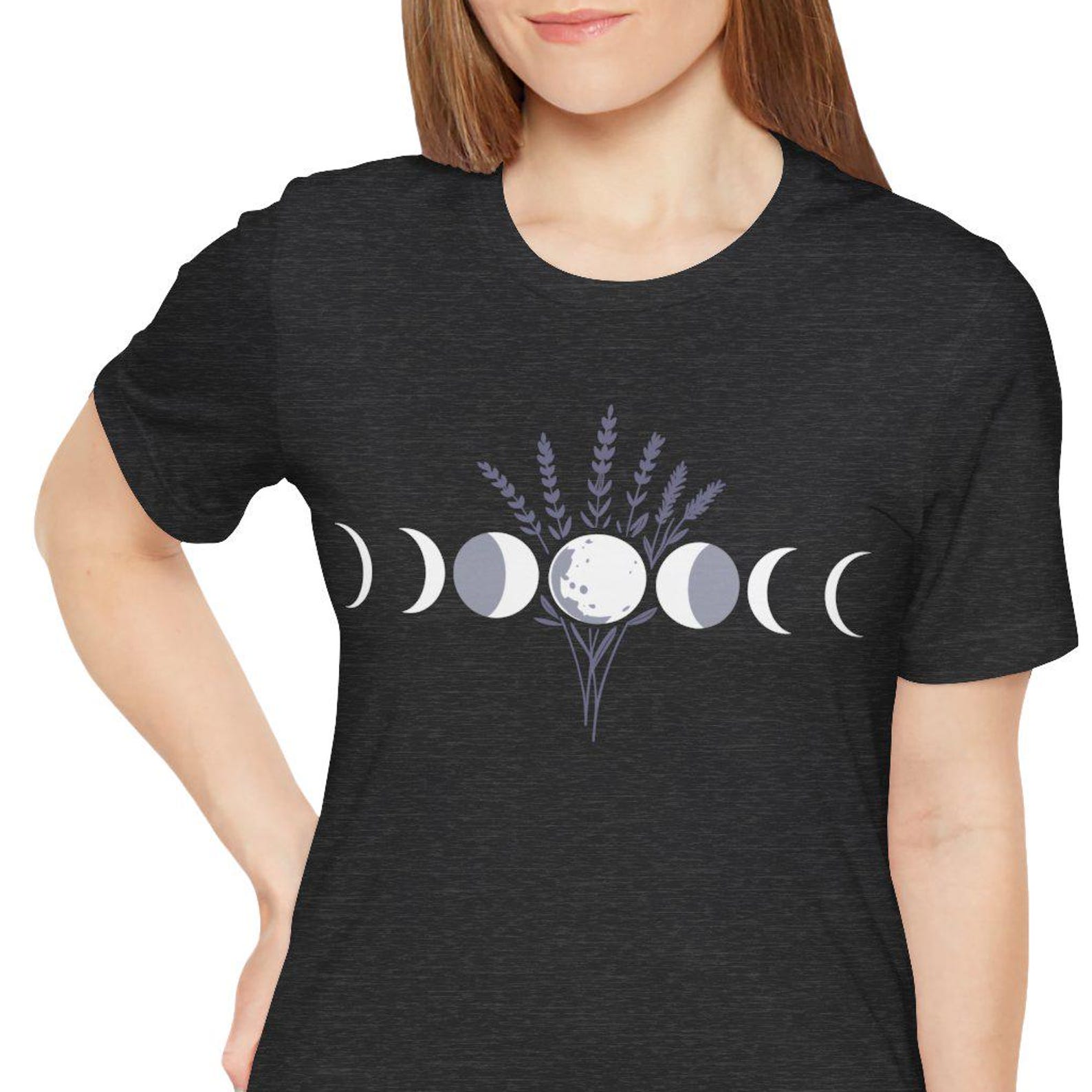 Moon Phase Lavender Shirt, Celestial Flower Witchy Tee, Cottagecore Moon Goddess Gift, Cozy Core Botanical Magic Apparel S
