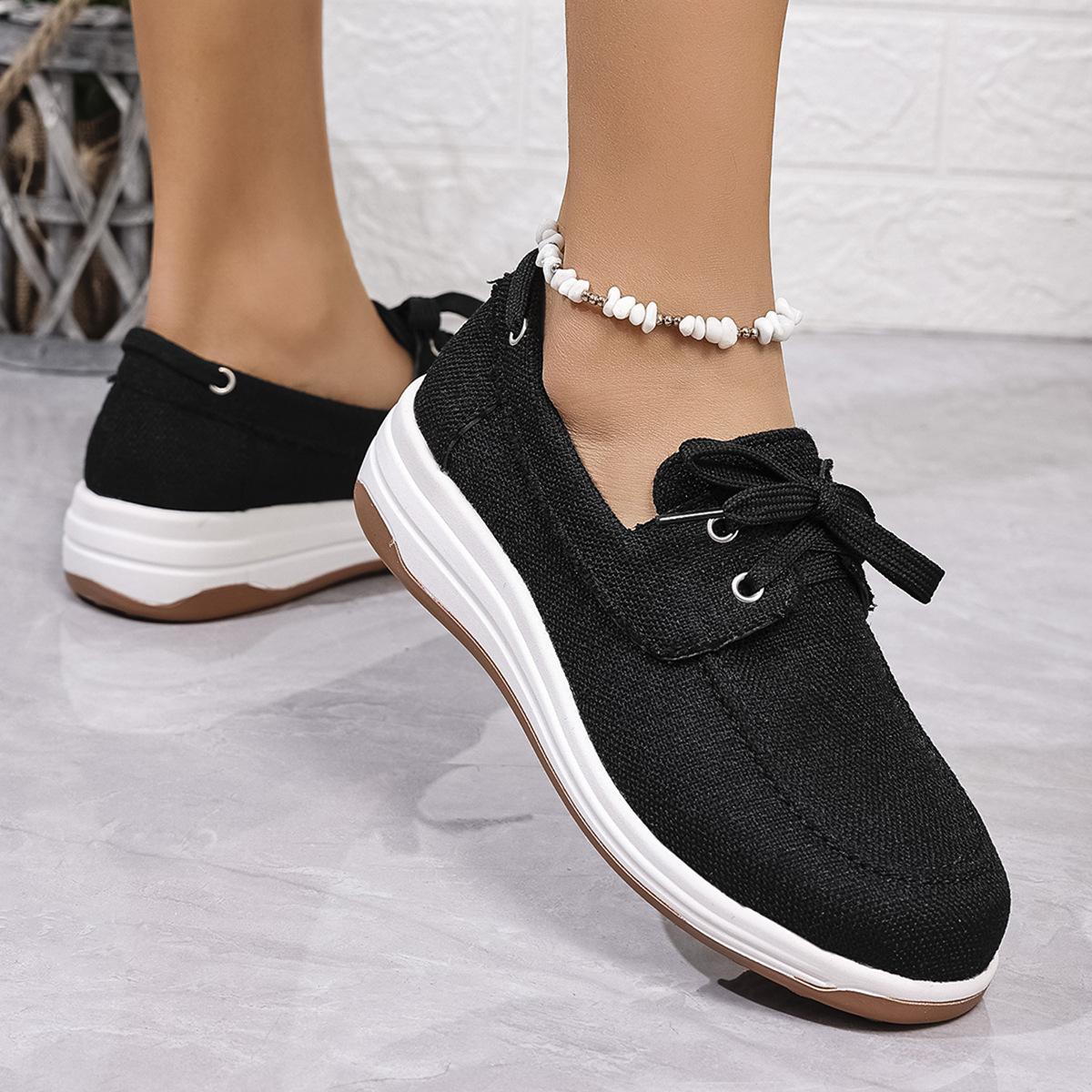 

Women s Round-toed Lace-up Wedge-heeled Casual Shoes Spring and Autumn Simple and Versatile Thick-soled Vulcanized Shoes 36 чёрный