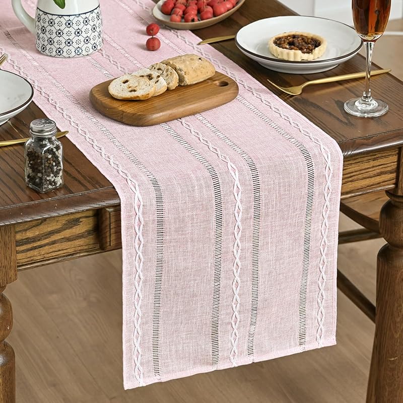 Artoid Mode Sage Green Rustic Cotton Linen Table Runner, Seasonal Embroidered Hollow Kitchen Dining Table Decoration for Home Party Decor 13x72 Inch