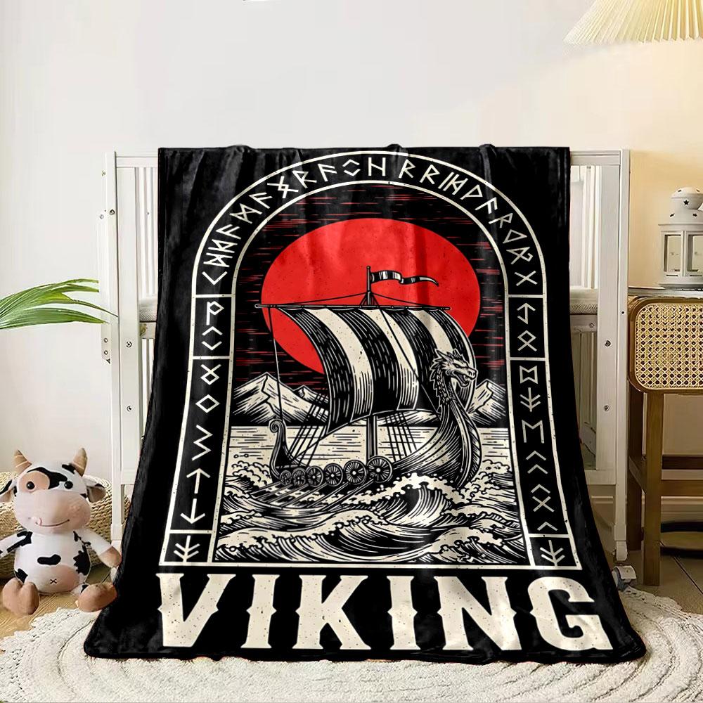 A Viking Ship On Waves, Framed by Runes, with a Red Sun In the Background. for All Seasons Blanket Lunch Break Throw Gift