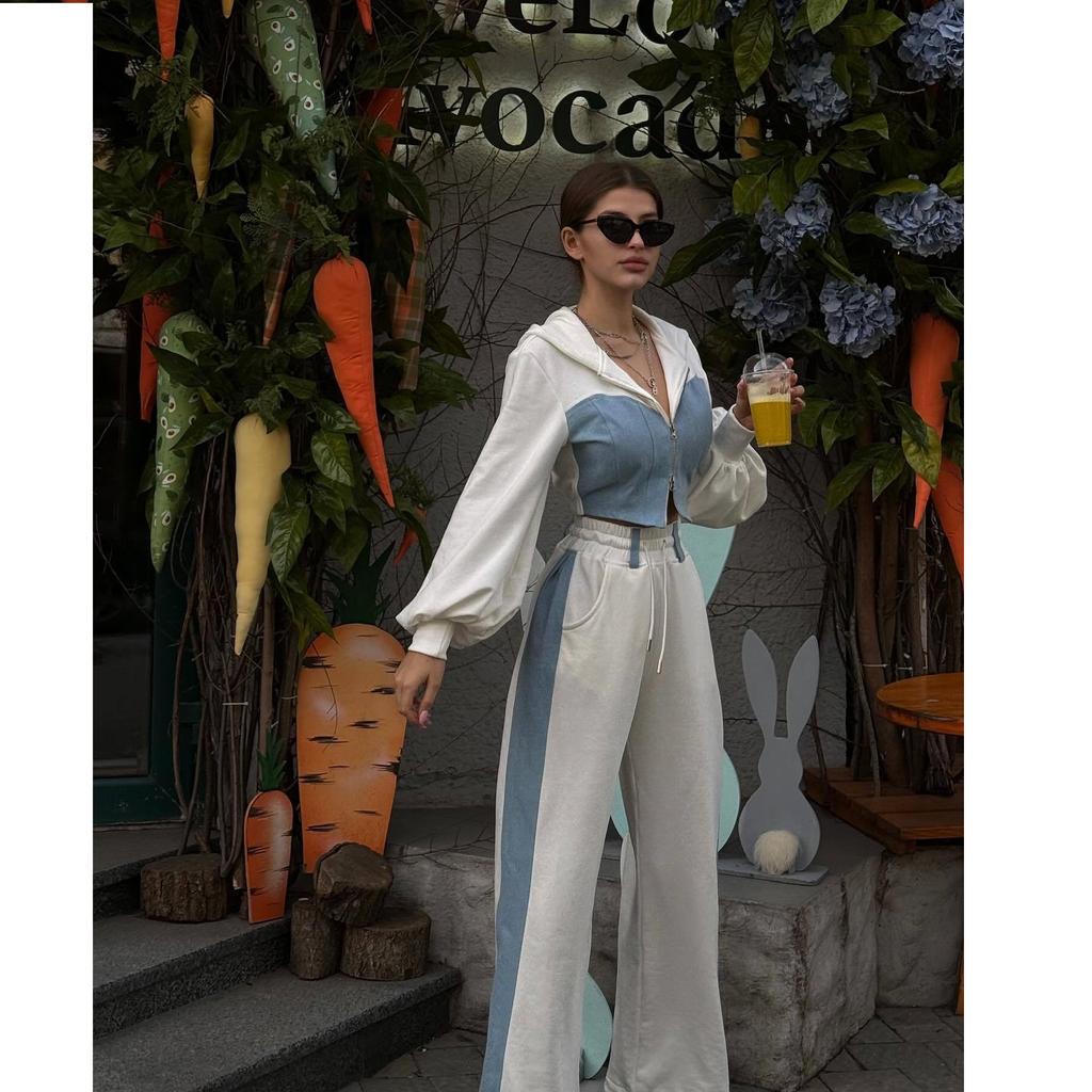 Women's Color Blocked Fashion Set Sexy Waist Hooded Cross Color Cardigan Sports Pants Two Piece