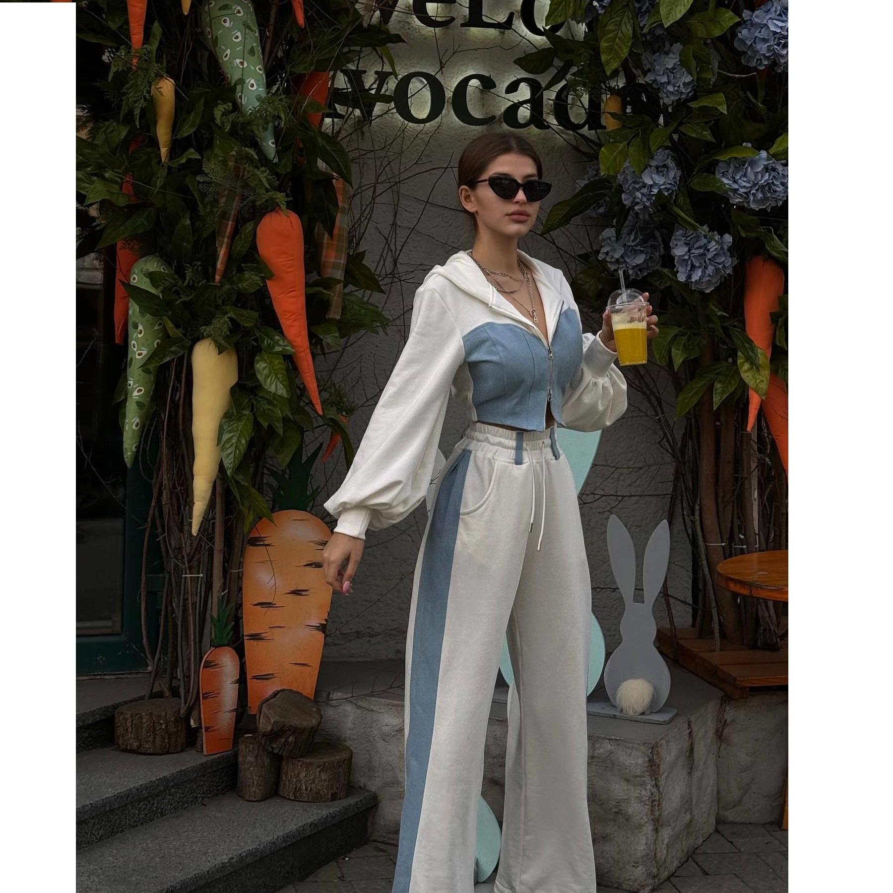 

Women s Color Blocked Fashion Set Sexy Waist Hooded Cross Color Cardigan Sports Pants Two Piece XS