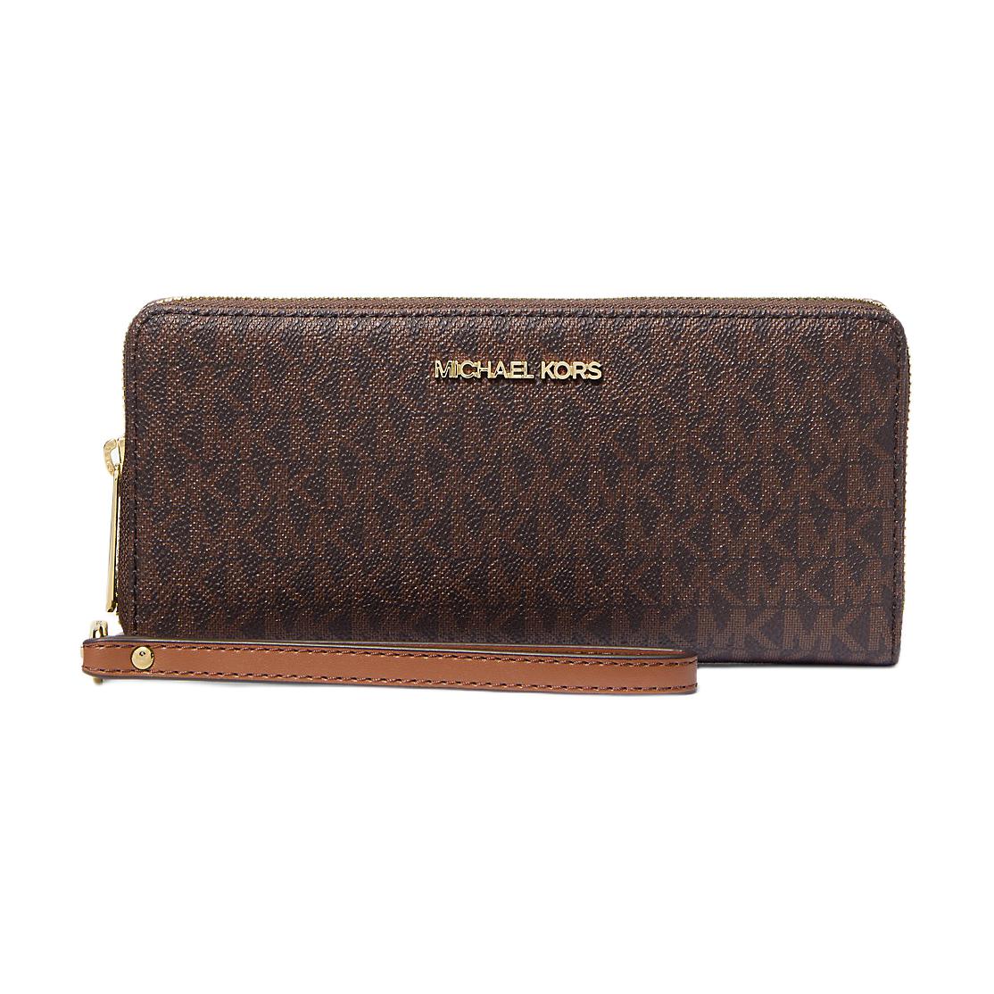 Michael Kors MK Jet Set Travel Monogram Zip Wallet Large Men wallet Brown 35F8GTVT3B-BROWN Basic Set (Bag+Dust Bag)
