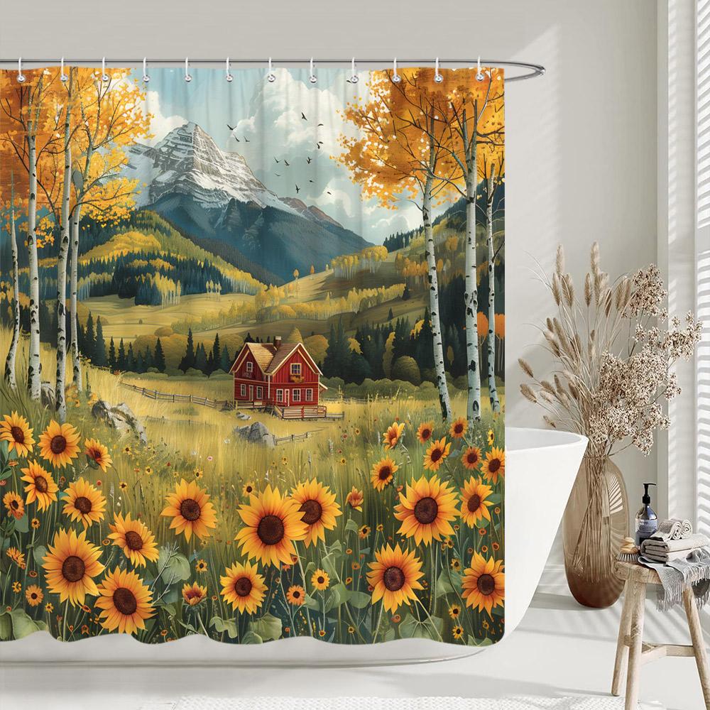 Rustic Farms Pumpkin Shower Curtain Thanksgiving Autumn Sunflower Polyester Fabric Shower Curtain Bathroom Decorative with Hooks