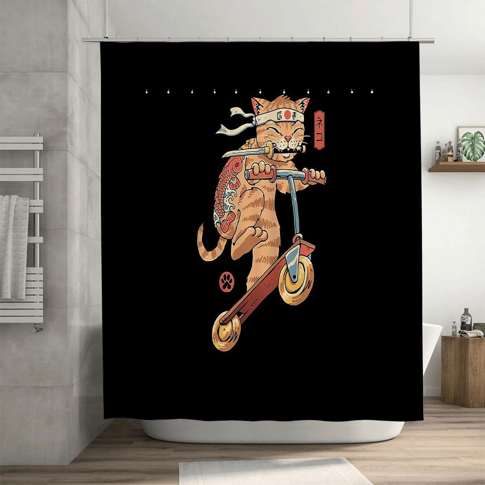 Japanese Cat Scooter Anime Shower Curtain Unique Cool Funky Washroom Decor Home Decor Gift for Cat Lovers