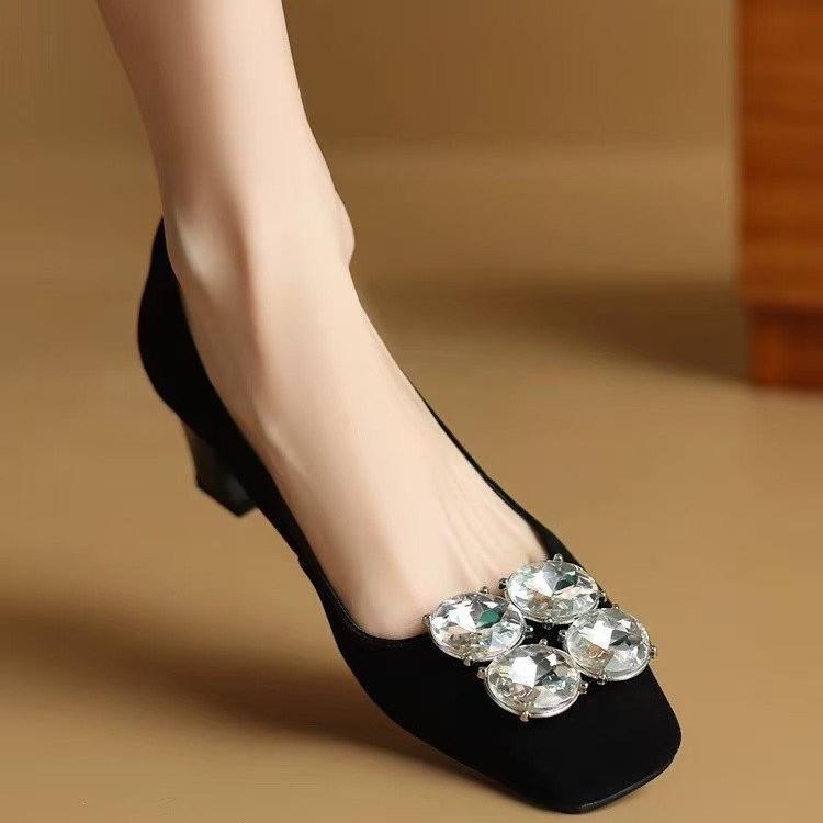 

Women s high heels spring square head silver rhinestone shallow mouth work hundred single shoes 35 чёрный