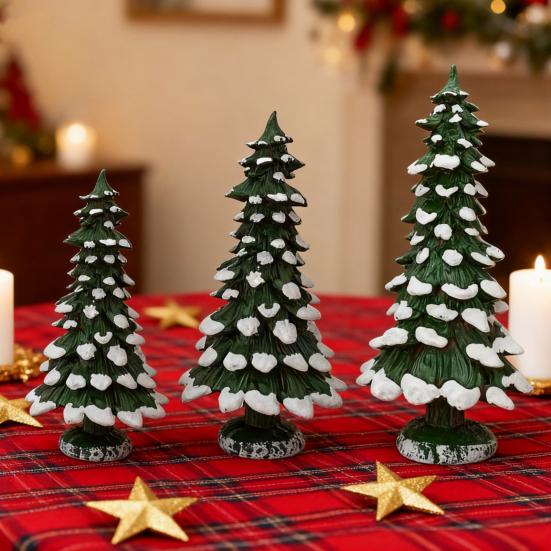 15/20/25CM Mini Christmas Tree Ornament Miniature Snow Xmas Tree Resin Statue Figurine Home Office Holiday Party Decoration
