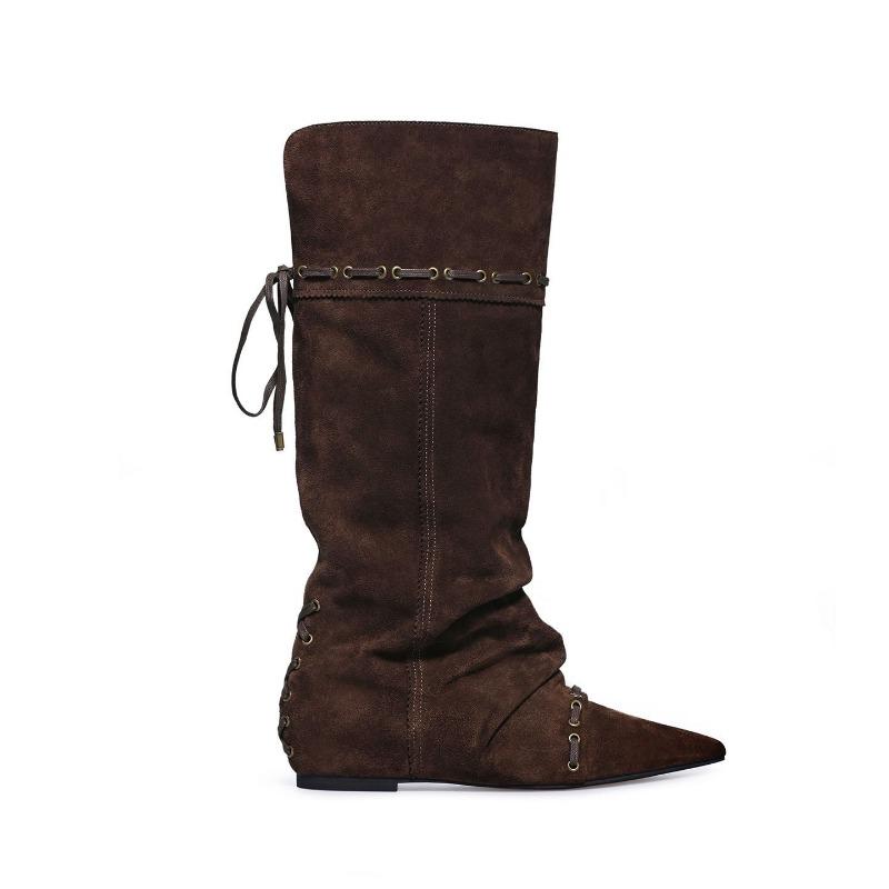 Folded Pointed Short Boots Women's Flat Bottom Straps Autumn and Winter New Retro Niche Maillard Western Cowboy Boots
