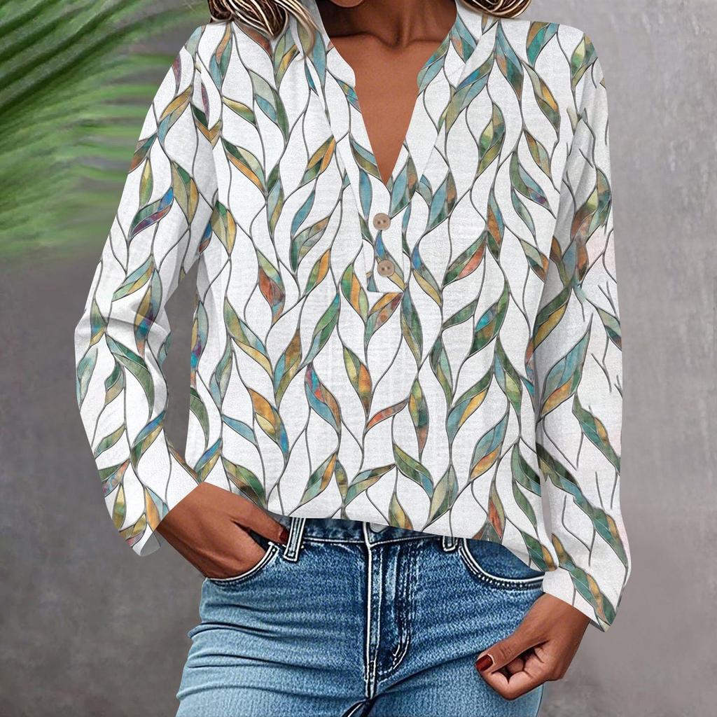 Camisa de Moda y Casual para Mujer Manga Larga Cuello en V Botones Estampada Blusa Top