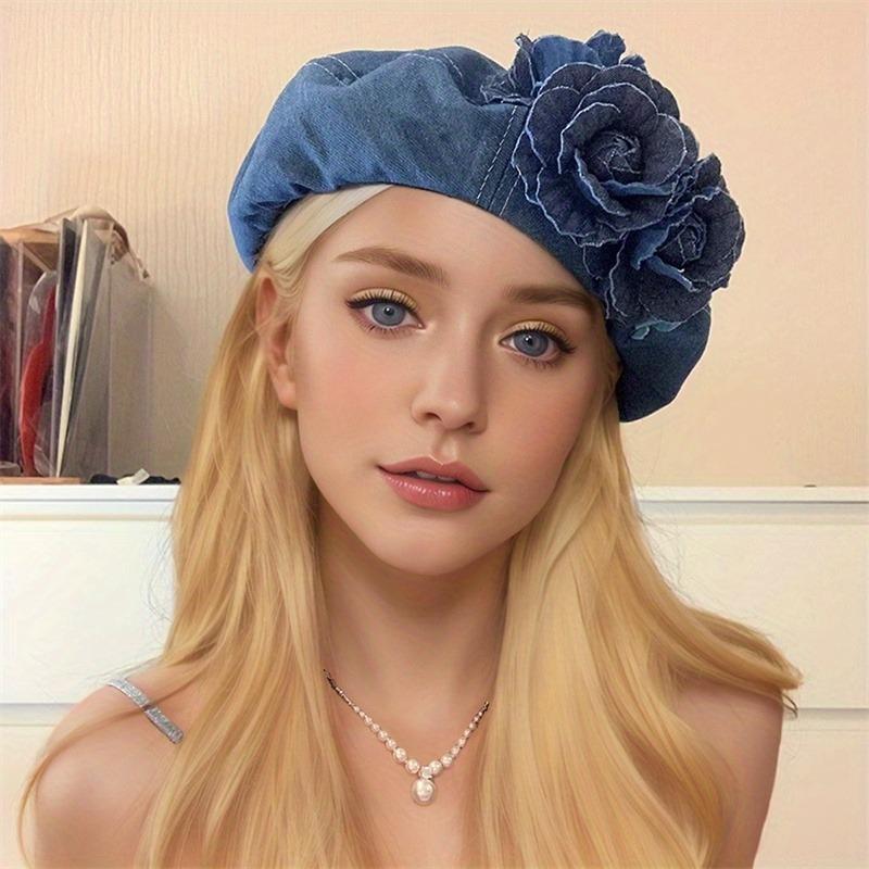 Ladies Denim Beret Hats Flower Cowboy Vintage Hat Women Retro Casual Painter Hat Female Trendy Spring Autumn Hat