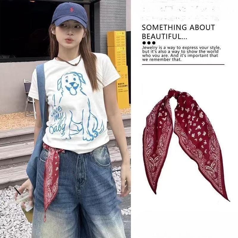 Red belt accessory - women's silk scarf with belt. Fall/Winter high-end denim pants decoration. American retro belt. Fine leather belt.