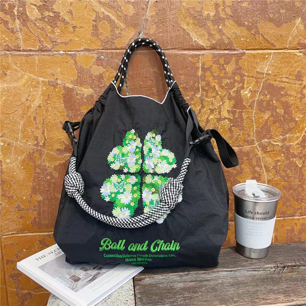 Japanese Four-Leaf Clover Embroidered Ball Chain Shoulder Bag - Trendy, Large-Capacity, Niche Commuter Style