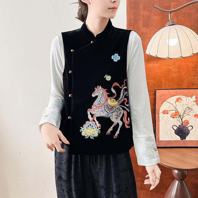 2026 Year of the Horse Silk Velvet Embroidered Gilet - Early Spring Chinese Style
