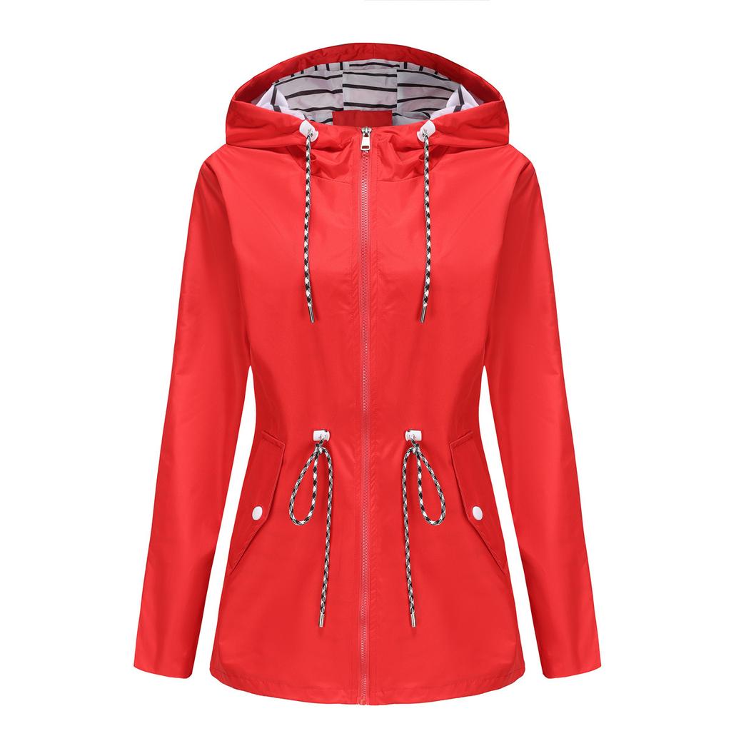 Women's Long Sleeve Hooded Jacket Drawstring Loose Fit Casual Windbreaker Raincoat Outerwear