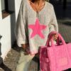 Fall New Women's Star Pattern Loose Casual V-Neck Boucle Knit Sweater Leisure Outerwear