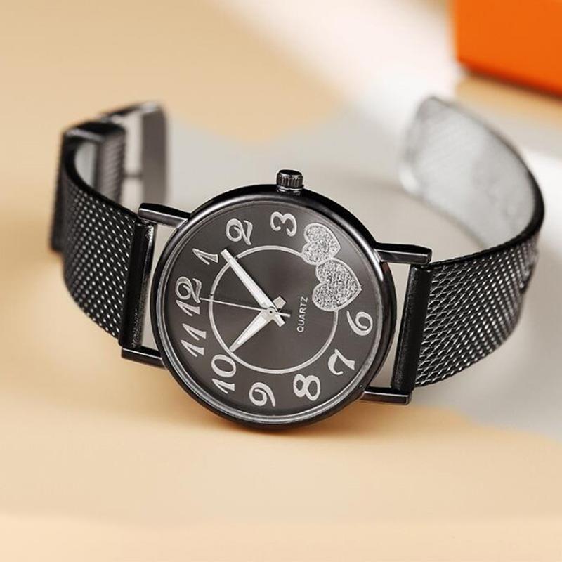 

Простые женские модные кварцевые часы с сердцем любви, сетчатый браслет из нержавеющей стали, повседневные женские часы