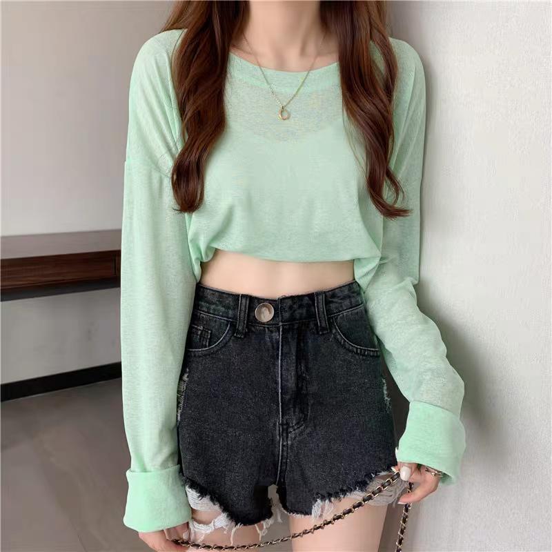 Summer Solid Long Sleeve T-shirts Women's Casual Loose Thin Slightly Transparent Sun Protection Cover Tops Tees Female