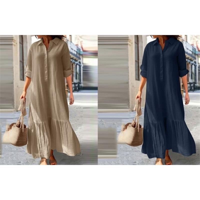 Damen Leinen Hemdkleid Revers 3/4 Ärmel Rüschensaum Locker Lang Maxikleid