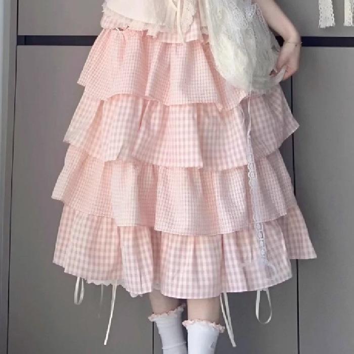 Cute Sweet Girl Dopamine Wears a Complete Set of Women's Summer College Style Straps Shirt Pink Plaid Cake Skirt Two-piece Set