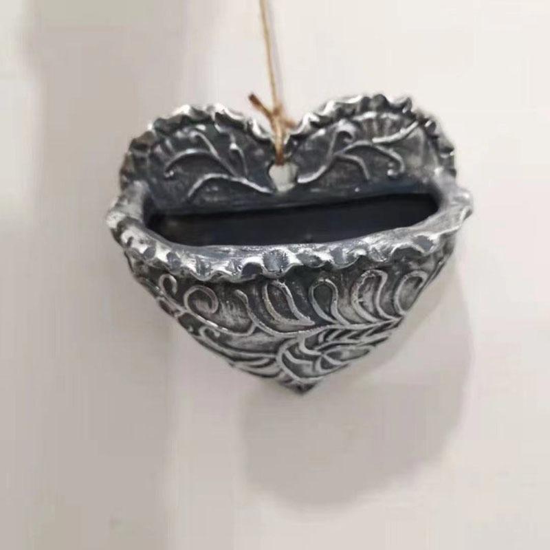 Retro Heart-shaped Succulent Resin Flower Pot Wall-mounted Succulent Display Set, Green Plant Flower Container, Resin Wall Decoration
