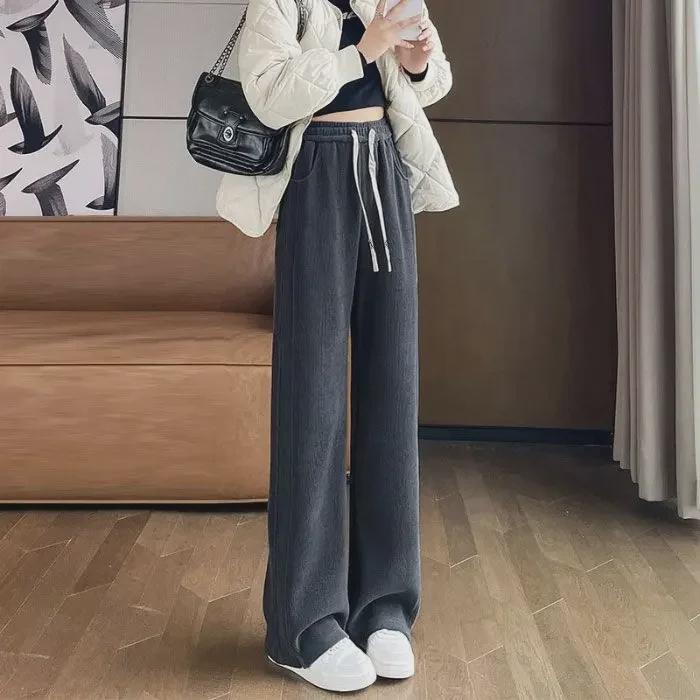 

Женские плюшевые брюки широкого кроя с высокой талией — новый стиль осень/зима, плотные, свободные, облегающие, прямые, повседневная верхняя одежда. XL (58-65 kg)