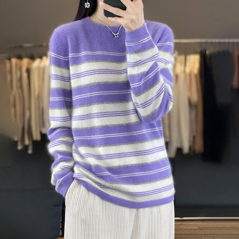 

Осенне-зимний кардиган в полоску с круглым вырезом для женщин, модный, универсальный, приятный к коже и теплый, кашемировый вязаный базовый свитер с длинным рукавом XXL