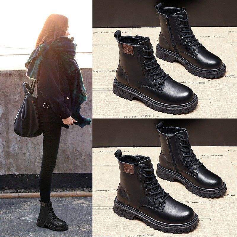 Real soft leather thick-soled Martin boots for women's 2025 new spring, autumn and winter velvet British wind fried street small short boots