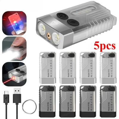 5 sztuk Brelok Latarka Mini Latarka Typ-C Ładowalna Latarka LED Latarka Robocza Czerwony Laser UV Sygnał Dźwiękowy Latarka Kieszonkowa Kempingowa